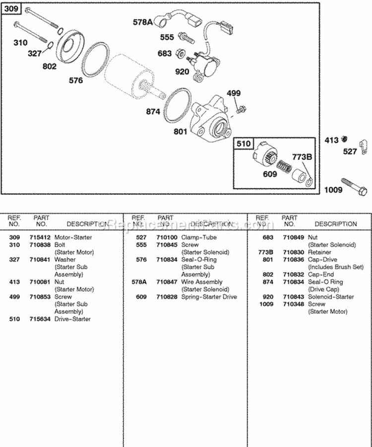 Electric Starter Diagram and Parts List for  Briggs and Stratton Engine
